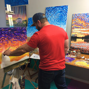 Todd Stewart artists studio painting original abstract artwork for sale. Most of the original paintings are in the medium of oils on stretched canvas. Airbrush and mixed media, and acrylics are also used to create an illustrative style. 